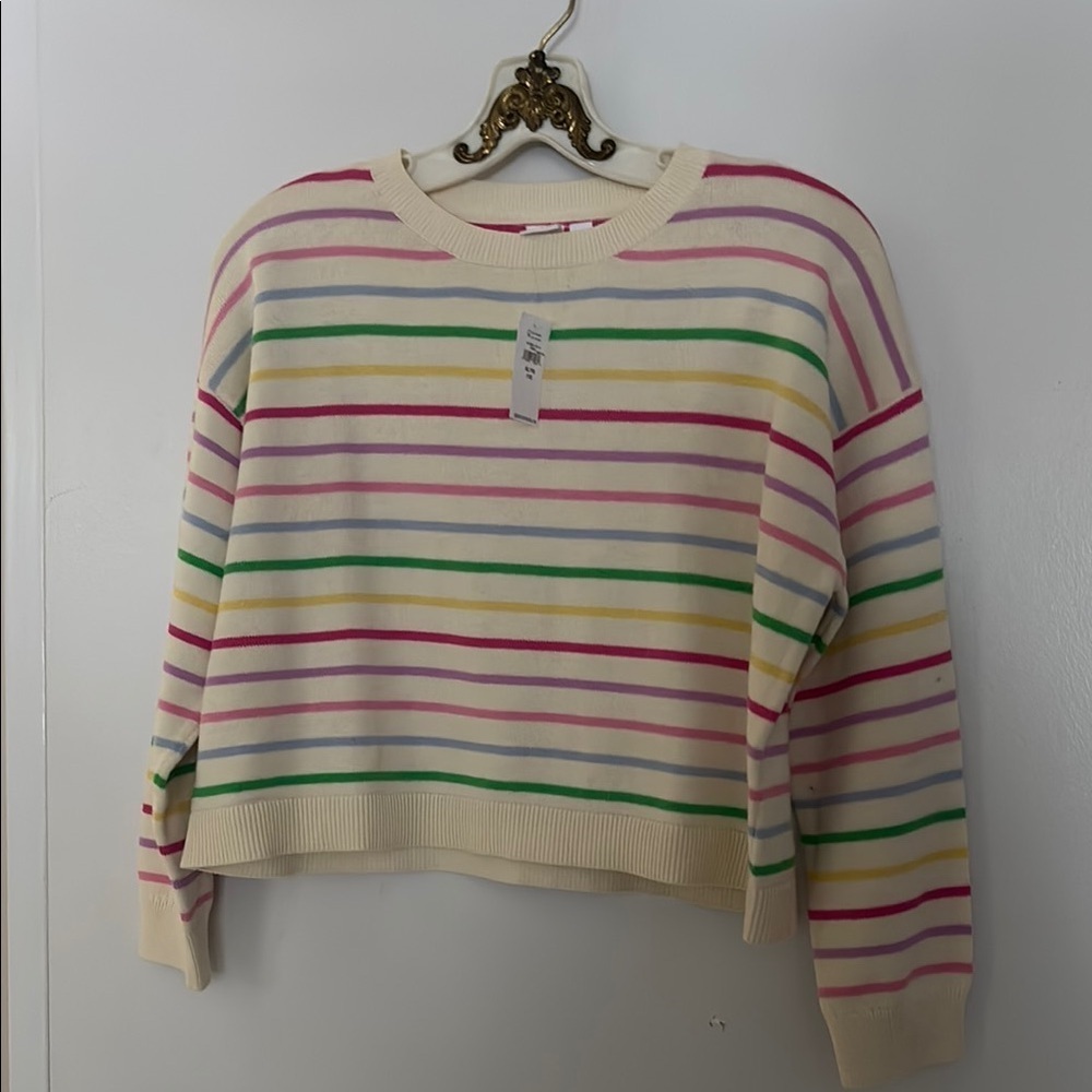 Cream and Pink Crew Neck Striped Sweater